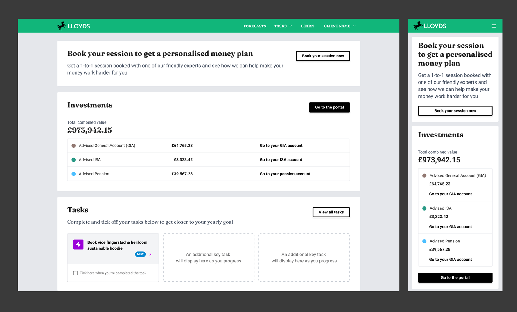 Investing clients homescreen with Lloyd's Bank styling