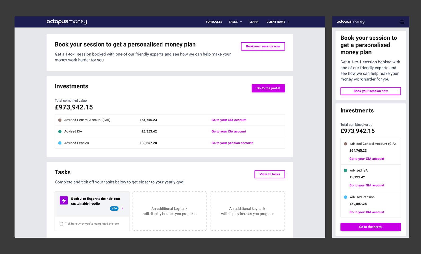 Investing clients homescreen with Octopus Money styling