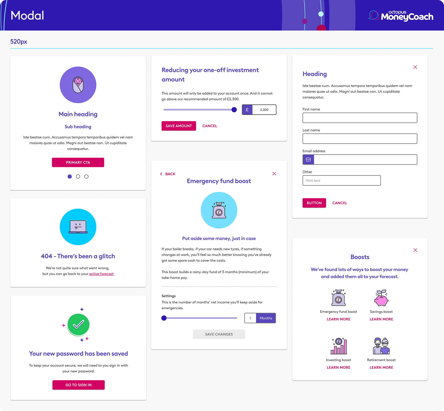 Octopus MoneyCoach component library: modal page 